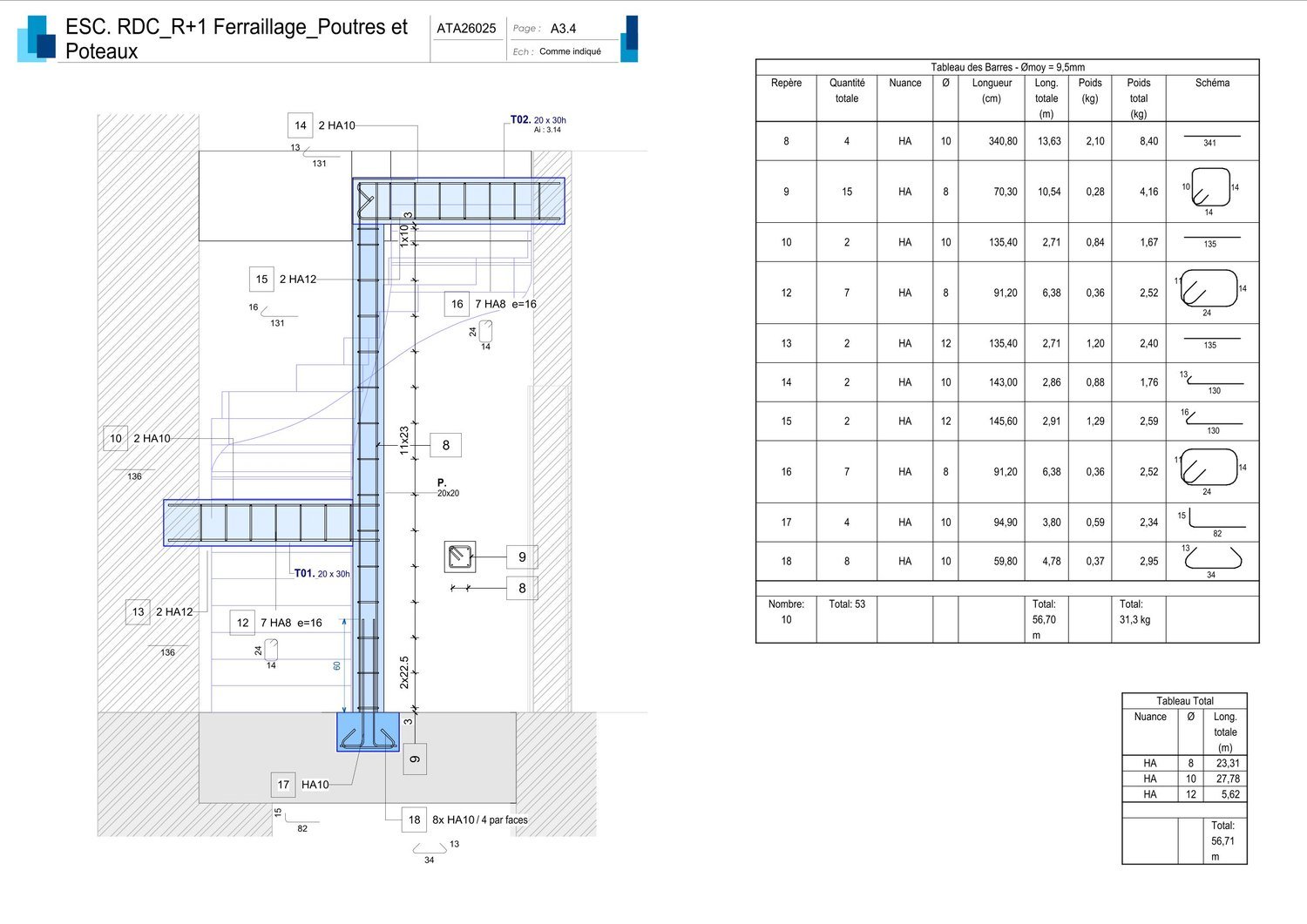 Plan de ferraillage des poutres et poteaux d'un escalier en béton armé, avec tableau des barres