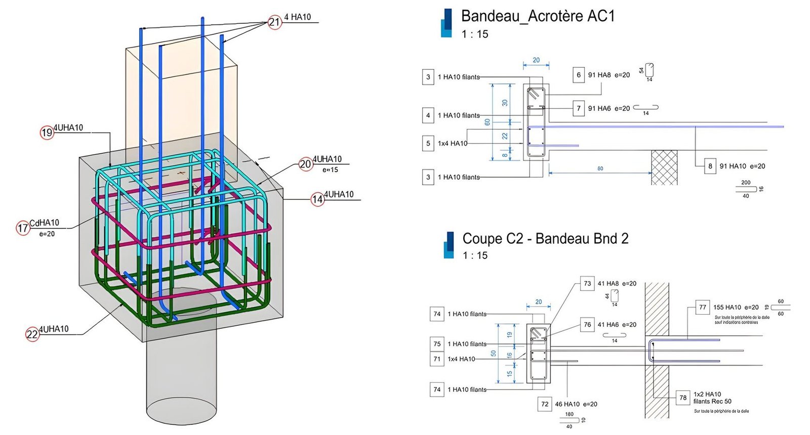 Cage d'armatures d'un massif sur pieu en trois dimensions et coupes de ferraillage de bandeau et d'acrotère au 1/15