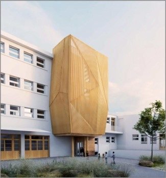 Groupe scolaire Aqueduc à Paris, ascenseur extérieur habillé de bois