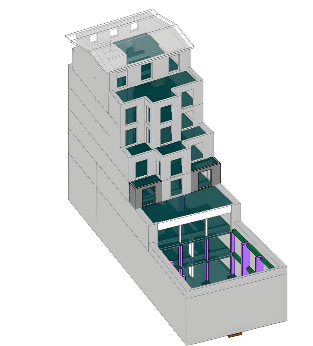 Maquette numérique de la structure d'un immeuble transformé en hôtel, niveaux et reprises de charges en pied